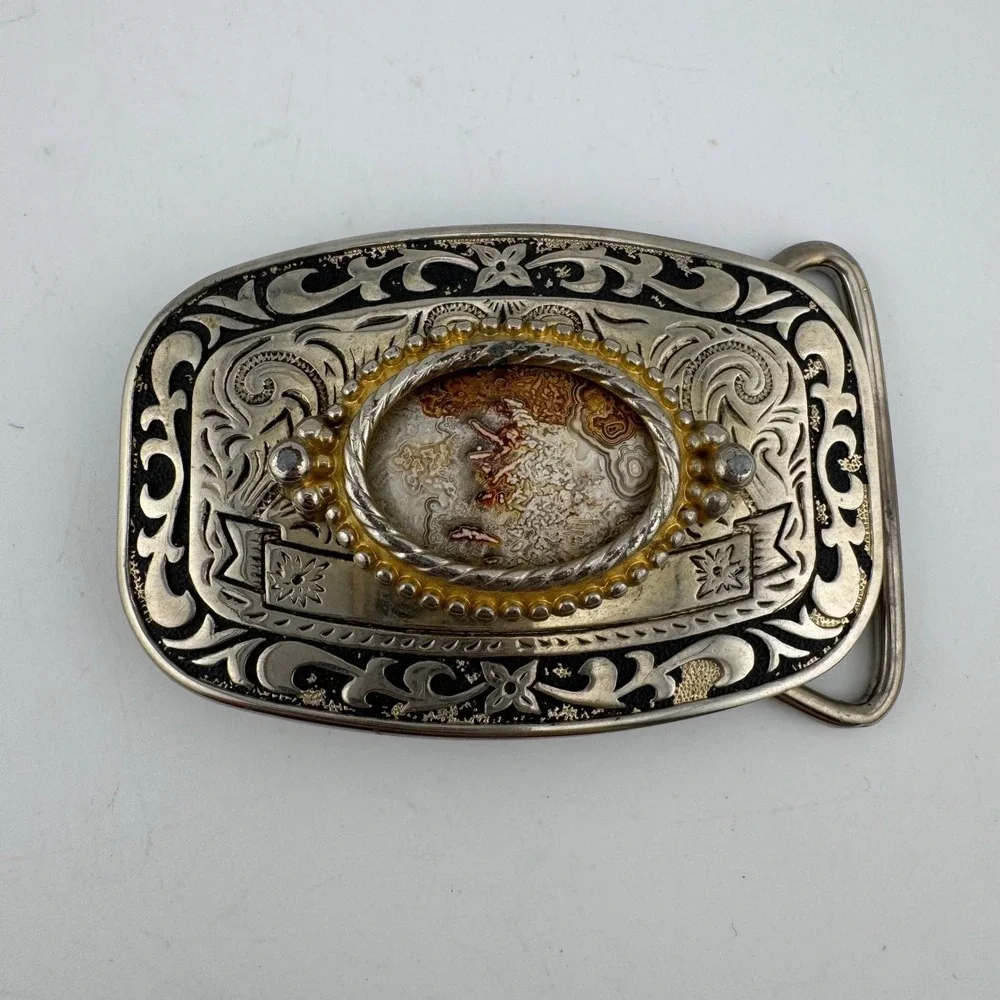 Western Belt Buckle Silver/Gold Tone Agate Good Engraved Floral Vintage